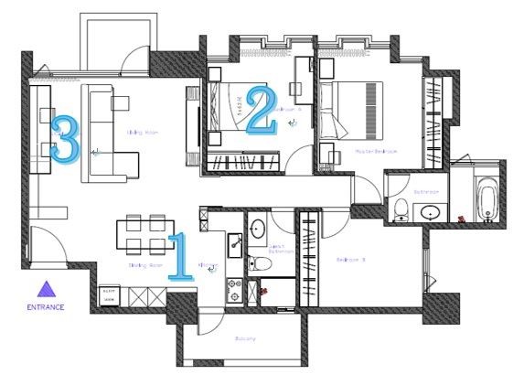 從平面圖上來看，將(1)餐廚區域改為開放式設計的決定，可以說是整體改造的關鍵，讓(2)客房能有足夠的餘裕放大尺度，同時也讓(3)開放式書房得到完整的區域比例。
