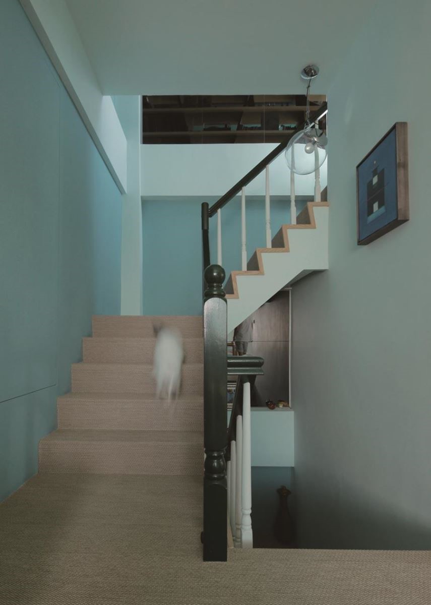 樓梯過渡空間運用不同的顏色及藝術作品，讓這個原本不受重視的空間營造出宛如藝廊的效果。