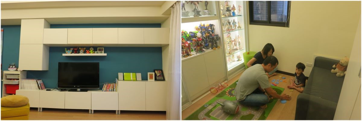 Before (左圖)一家四口原有的客廳電視櫃都採隱藏式門板，無法展示收藏品，存放的零食糖果也不便拿取。(右圖)原先的遊戲間空間較小，並獨立於客廳之外，讓大人不方便同時照顧二個孩子