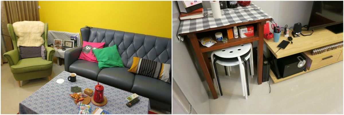 Before 一個人的客廳，希望有獨特風格的佈置主題，除了自己收藏品的展示空間之外，也希望增加折疊椅的收納空間，方便親友來訪和聚會使用。