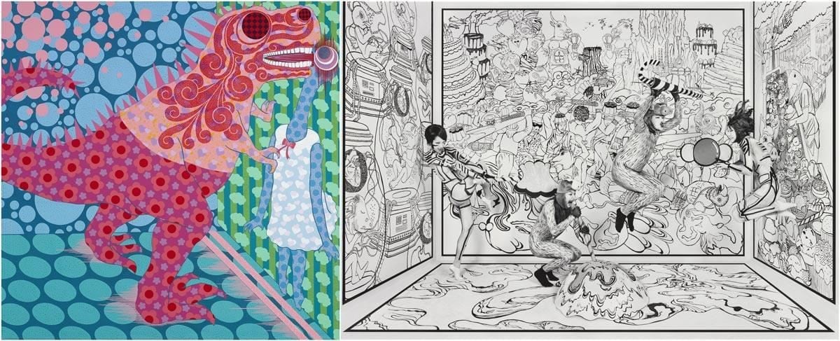 (左)藝術家廖堉安【失敗的壁咚】與 (右)藝術家王建揚作品【漫畫系列：甜蜜風暴】