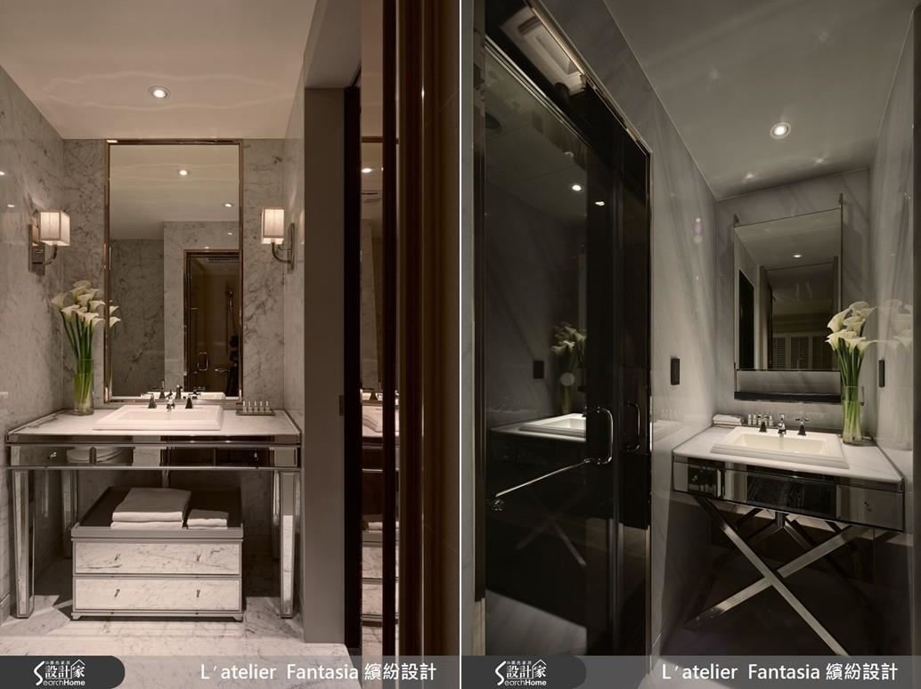 23.4 坪內容納兩間衛浴，設計師在迷你空間內，透過獨特設計手法，創造豪宅般的華麗洗手台。