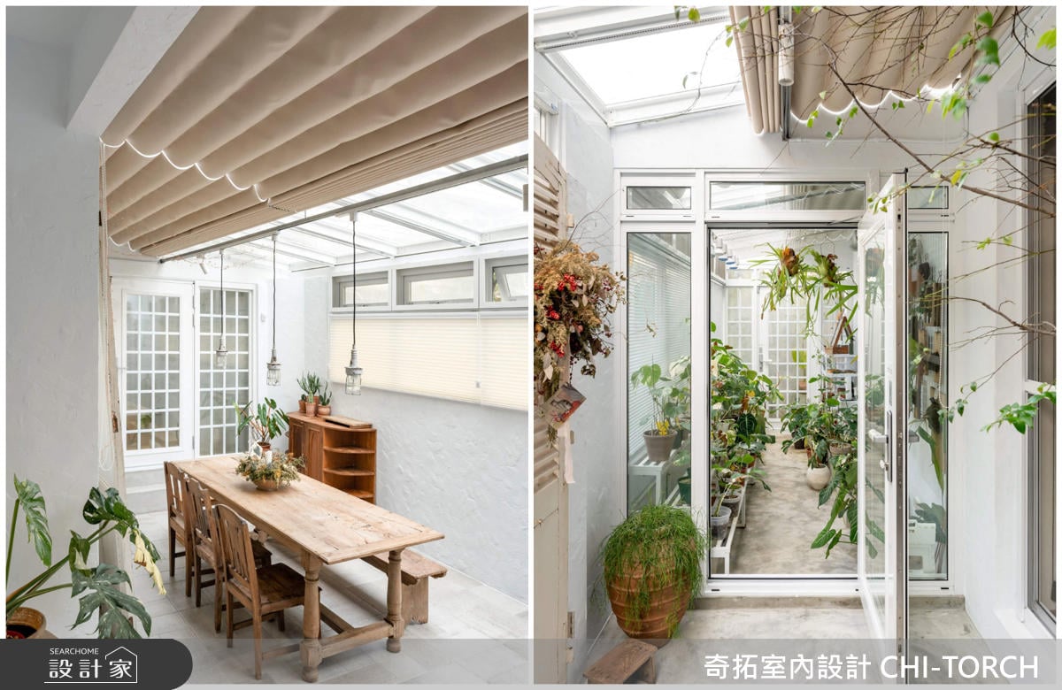 溫室最好的利用了轉角的空間，連同的動線，讓家中環繞陽光、綠意。