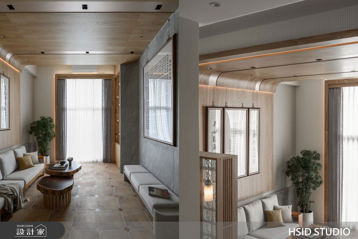 挑高的窗景與弧形天花延伸ㄒ展現屋型挑高的優勢，同時營造溫潤靜心的場域氛圍。