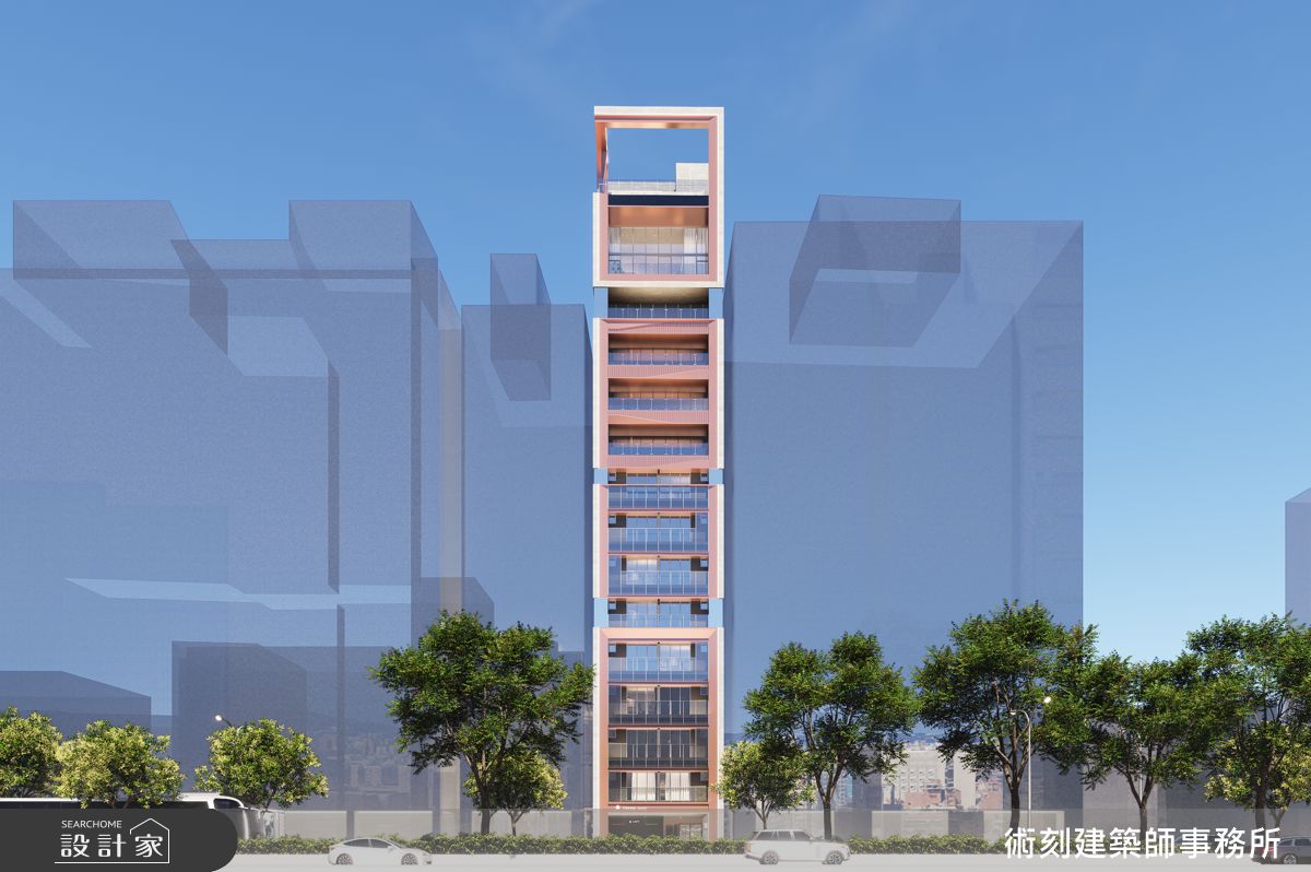 基地位於永康商圈核心,承載家族三代記憶;玫瑰金立面以東門意象化為迎光而立的地標,象徵城市與家族傳承的延續。