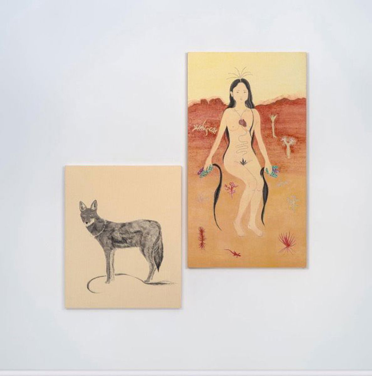 盧芛｜郊狼和玉米母神｜水墨紙本、水干、礦物顏料｜75 x 92 cm、135 x 95 cm｜2023