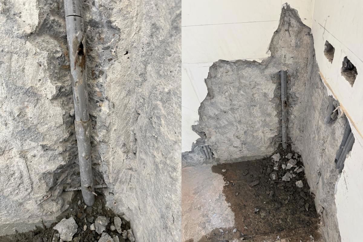 預先發現老屋水管被鐵釘穿刺，從根源解決的隱形漏水問題。