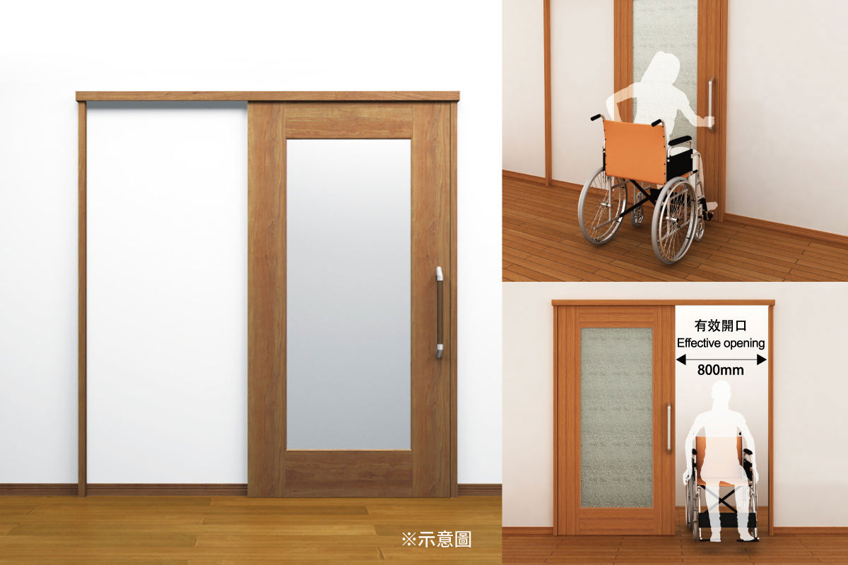 Panasonic 連動拉門消除了地面門檻，透過懸吊式上軌道設計，不僅有效延伸空間深度與使用彈性，更為未來照護需求預留了無障礙的通行環境。
