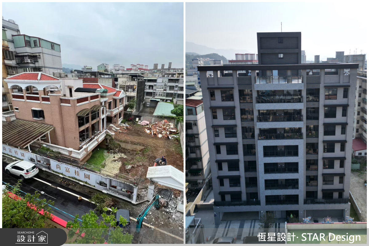 (左)原始建地既有老宅需拆除;(右)華廈大樓完工樣貌