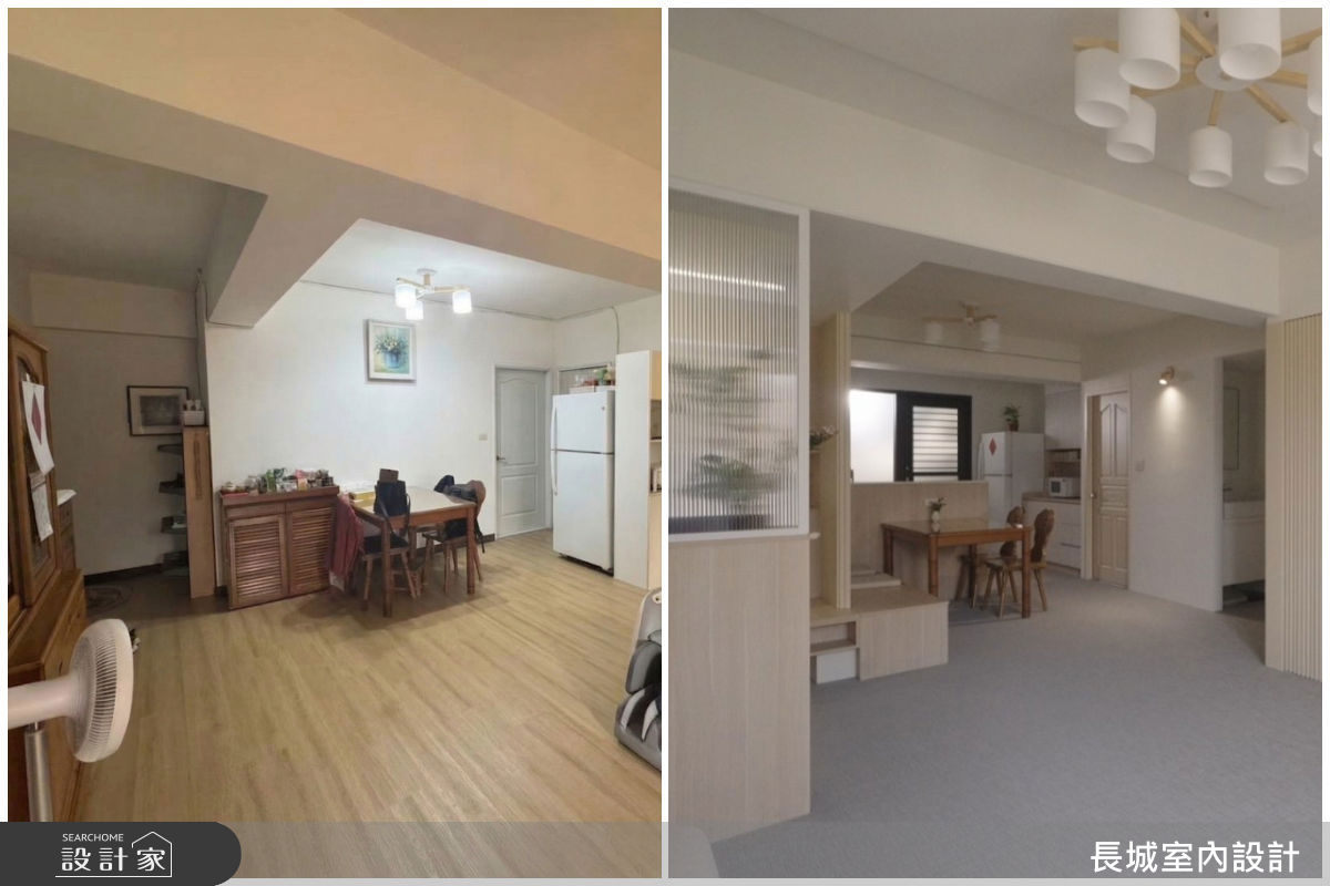 原始陽台(左)需經過臥房才能到達，調整格局將陽台出入口改由廚房(右)進入較為合理。