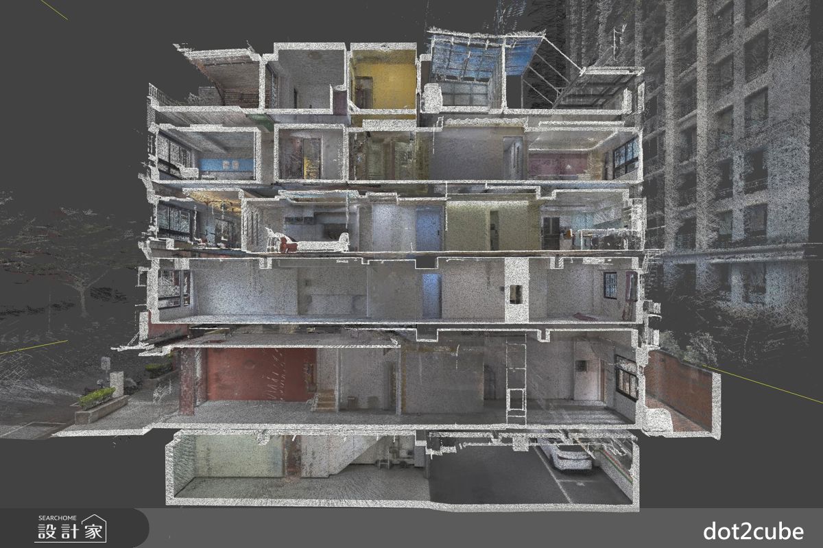 透過3D雷射掃描生成的點雲剖透圖，可完整呈現建築結構、樓層關係與空間細節，協助設計團隊精準掌握現況，大幅提升後續建模與施工效率。