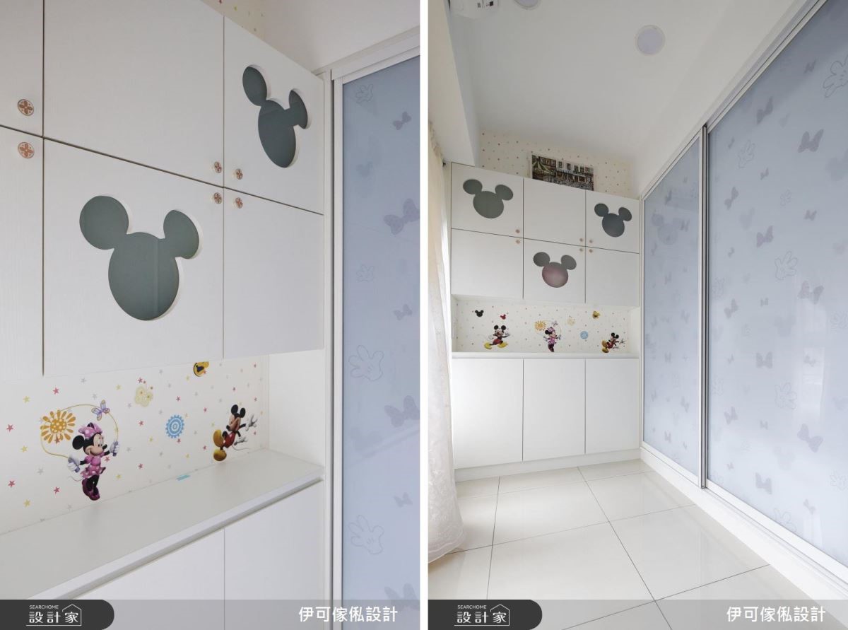 系統板材早已跳脫早期變化性低的問題,可依據屋主的需求與喜好製作。一體成形的系統櫃拉門以訂製方式打造充滿卡通圖案的門片。 系統板材早已跳脫早期變化性低的問題,可依據屋主的需求與喜好製作。一體成形的系統櫃拉門以訂製方式打造充滿卡通圖案的門片。