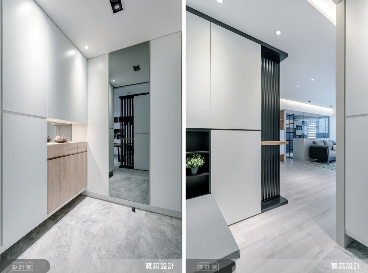 玄關設計呈現鐵件和石材自身純粹的美感，彷彿用最單純的心，迎接每位家人的歸來。