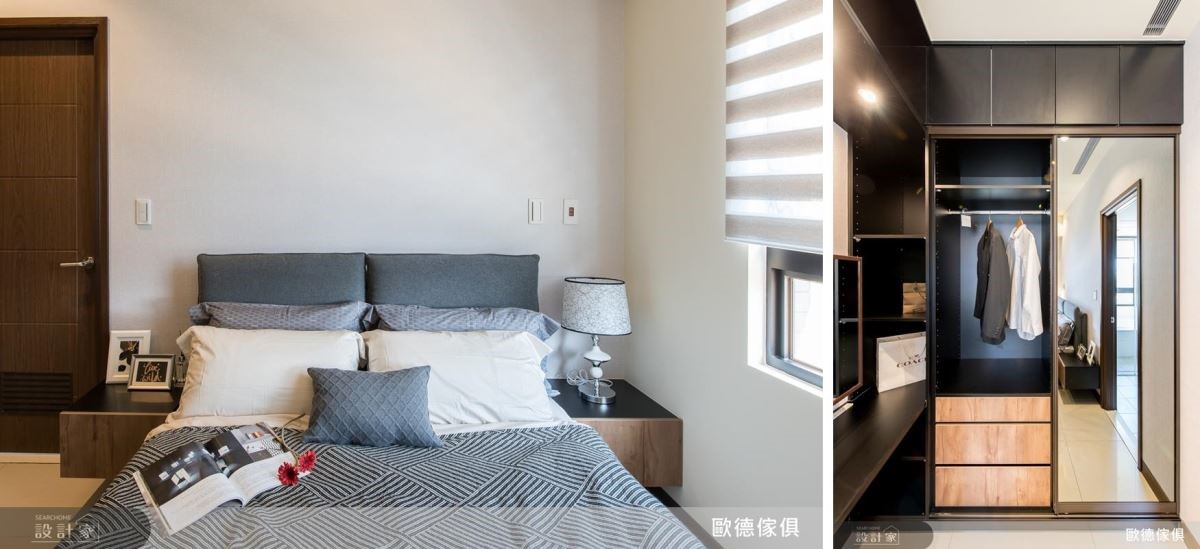 為了給予主臥完整機能，設計師在有限空間中，打造開放式質感更衣室，引入都會精英風情。