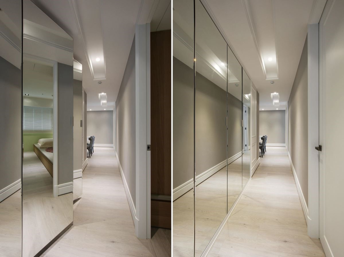 重整廊道零碎格局，以大片鏡面映照寬闊視野，並妥善利用畸零空間規劃角落閱讀區。