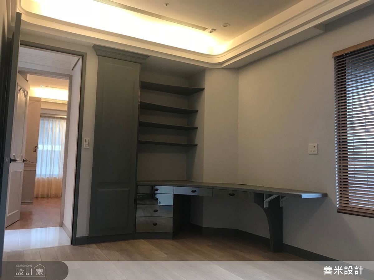 兒子房則依照孩子個性捨去繁複設計，以灰調、淺木色鋪陳穩重氛圍，並使用弧線、美耐板增加空間與實用機能，營造現代簡約感。