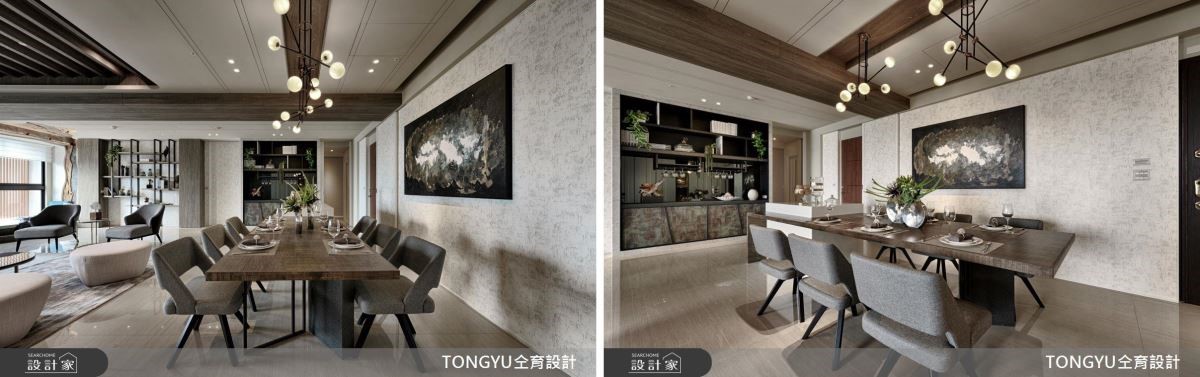 餐櫃以黑鏡彰顯大宅氣勢,搭配樹皮般的材質,呼應整體自然休閒調性。 餐櫃以黑鏡彰顯大宅氣勢,搭配樹皮般的材質,呼應整體自然休閒調性。