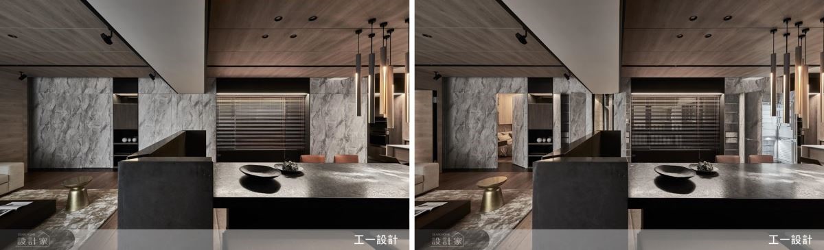 整合壁面質材，搭配隱藏門設計，創造一致性視覺感。