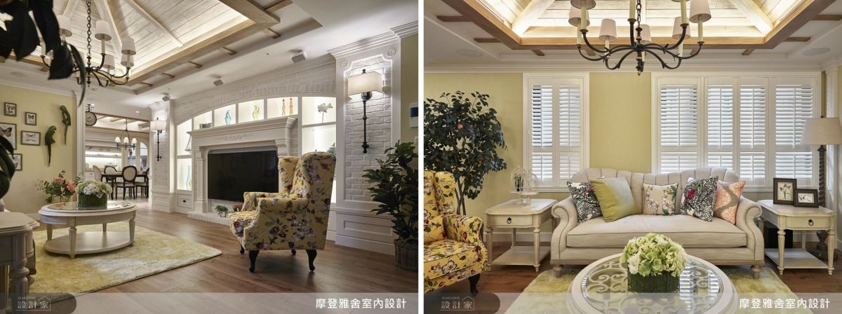 客廳以童話木屋斜屋頂、對稱壁爐搭配文化石，細緻烘托濃厚的南法鄉村風情。