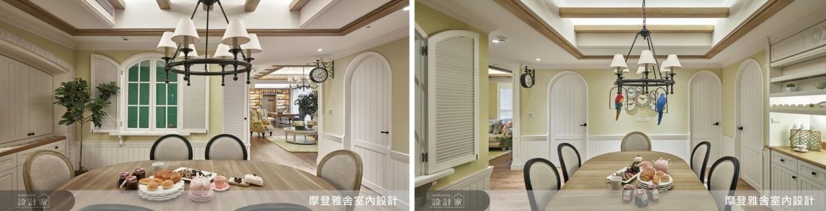 餐廳天花利用木作格柵造型挑高空間同時修飾大樑，營造溫馨南法情懷。