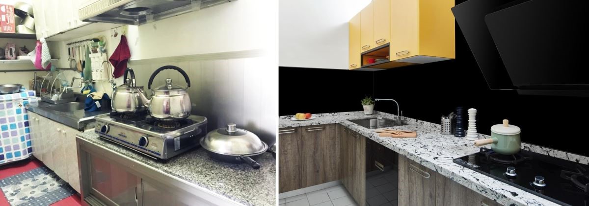 (Before + After)裝修前廚房凌亂、收納不足。打造後，空間適度留白，收納讓空間更整潔、有秩序。