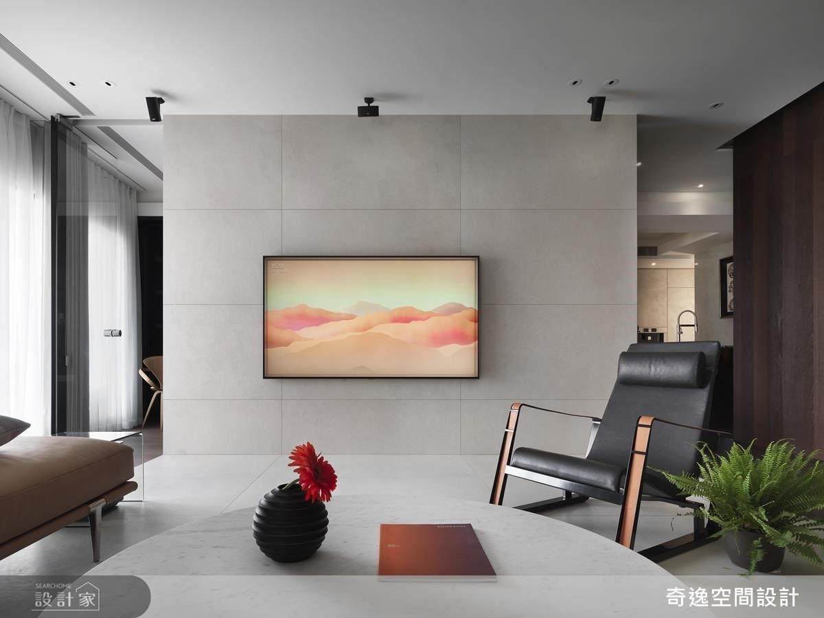 公領域以地面磁磚延伸至立面，模糊地坪、牆面分界，進而拉大空間廣度。