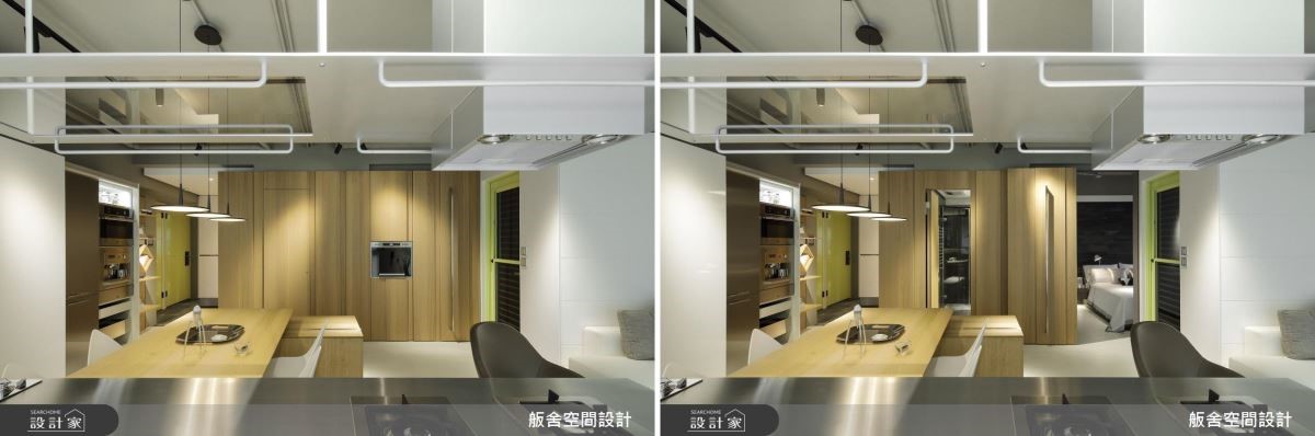 餐廳壁面隱藏衛浴與主臥入口的暗門,完整立面使視覺達到延伸空間放大的效果。 餐廳壁面隱藏衛浴與主臥入口的暗門,完整立面使視覺達到延伸空間放大的效果。