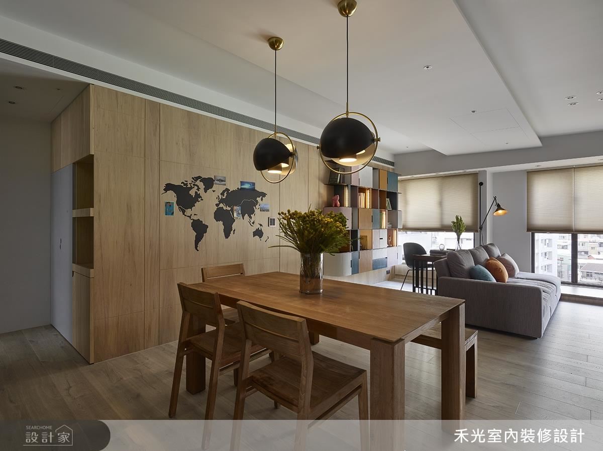 餐廳選搭特殊造型吊燈,藉由圓弧造型點綴現代簡約風格。 餐廳選搭特殊造型吊燈,藉由圓弧造型點綴現代簡約風格。