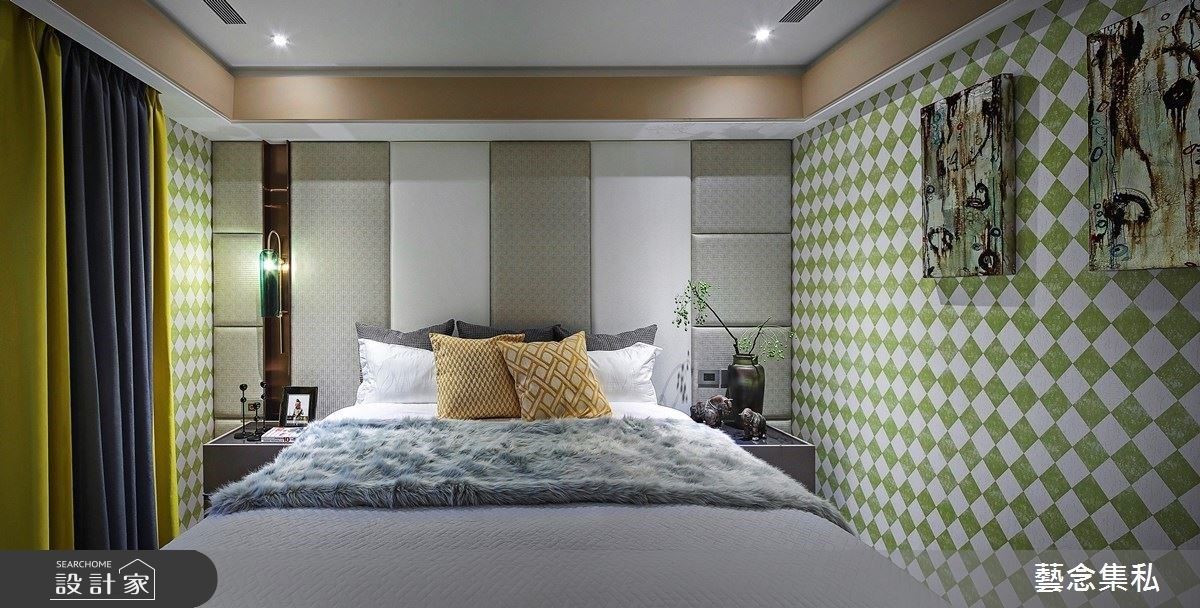 個性內斂、沉穩的姊姊，設計師以馬戲團的元素為概念，選用進口壁紙，以活潑的青蘋果綠的菱形格紋，注入強烈的趣味感，而牆面則在灰、白色的繃皮包裹下，柔化氛圍，型塑出有別於其個性的精采空間。