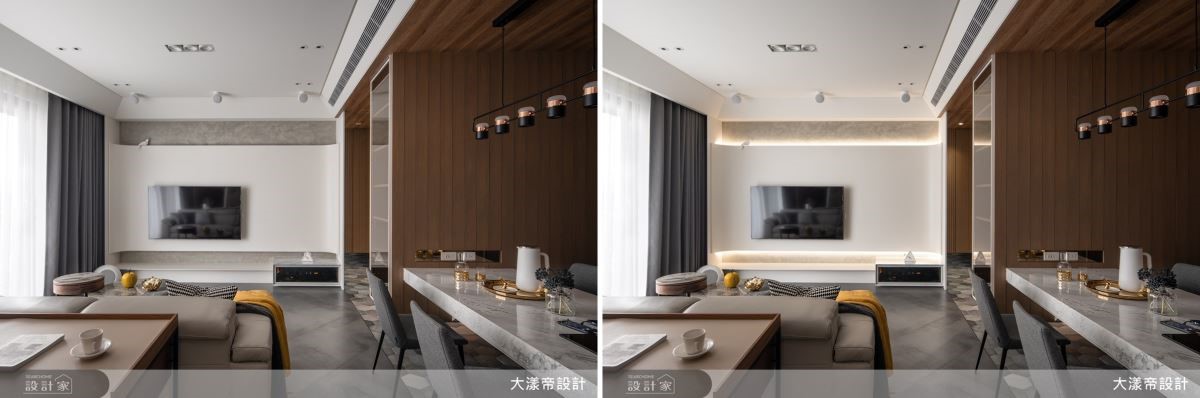 電視牆以圓弧工藝成就柔和視覺效果，更搭配上、下照明，烘托空間層次感。