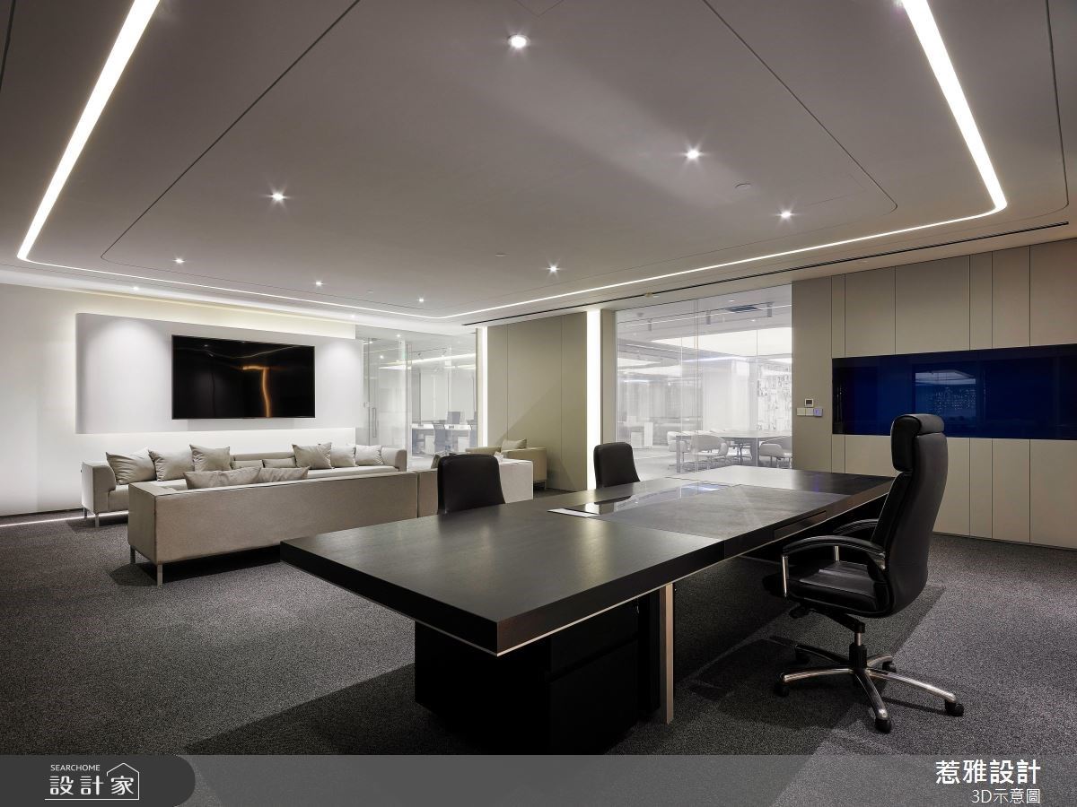 董事長辦公室延續整體白色調，並搭配金屬線條、光帶分割，體現空間精緻工藝。