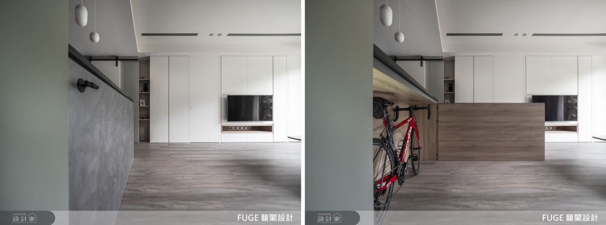 吧檯設計預先考量男屋主腳踏車尺度，完整訂製生活收納需求。