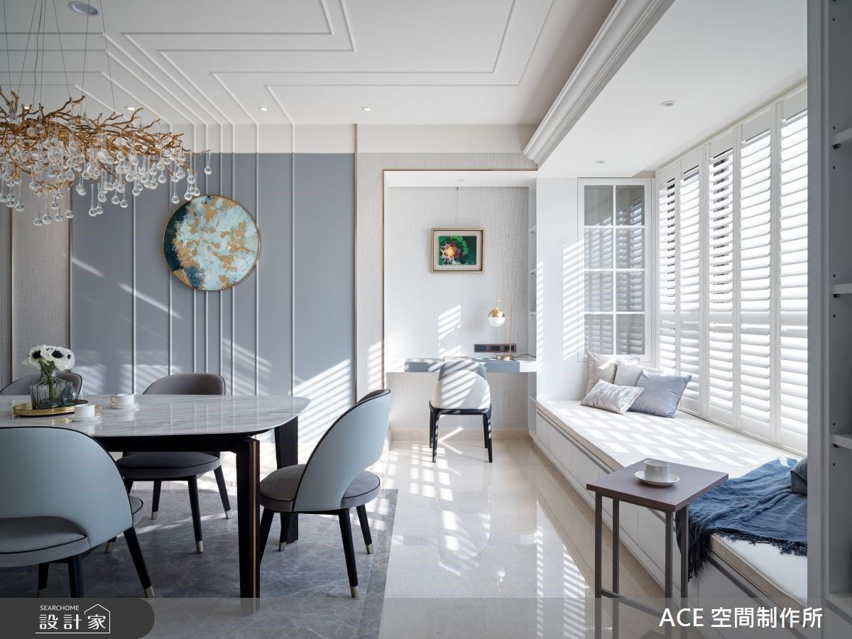 餐廳窗邊規劃臥榻、書桌區,提供屋主閱讀、休憩的靜謐角落。 餐廳窗邊規劃臥榻、書桌區,提供屋主閱讀、休憩的靜謐角落。