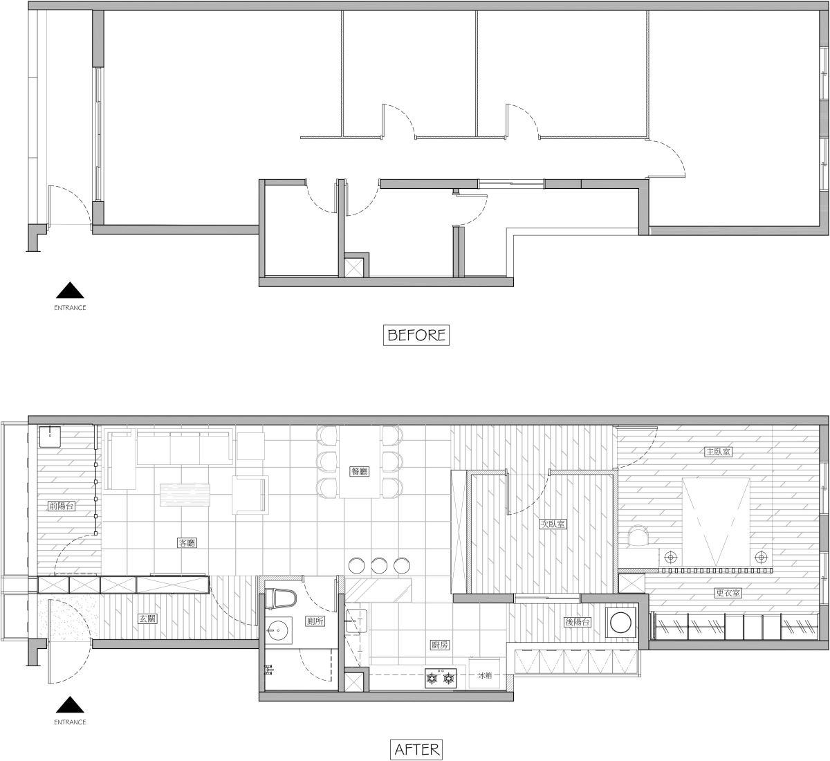 玄關與前陽台做了分流，退縮部分客廳空間，打造一座延伸到室內空間的雙面收納櫃，玄關側為鞋櫃與衣帽間，客廳側則是電視牆與儲物櫃。(Before + After 平面圖提供_太硯設計。)
