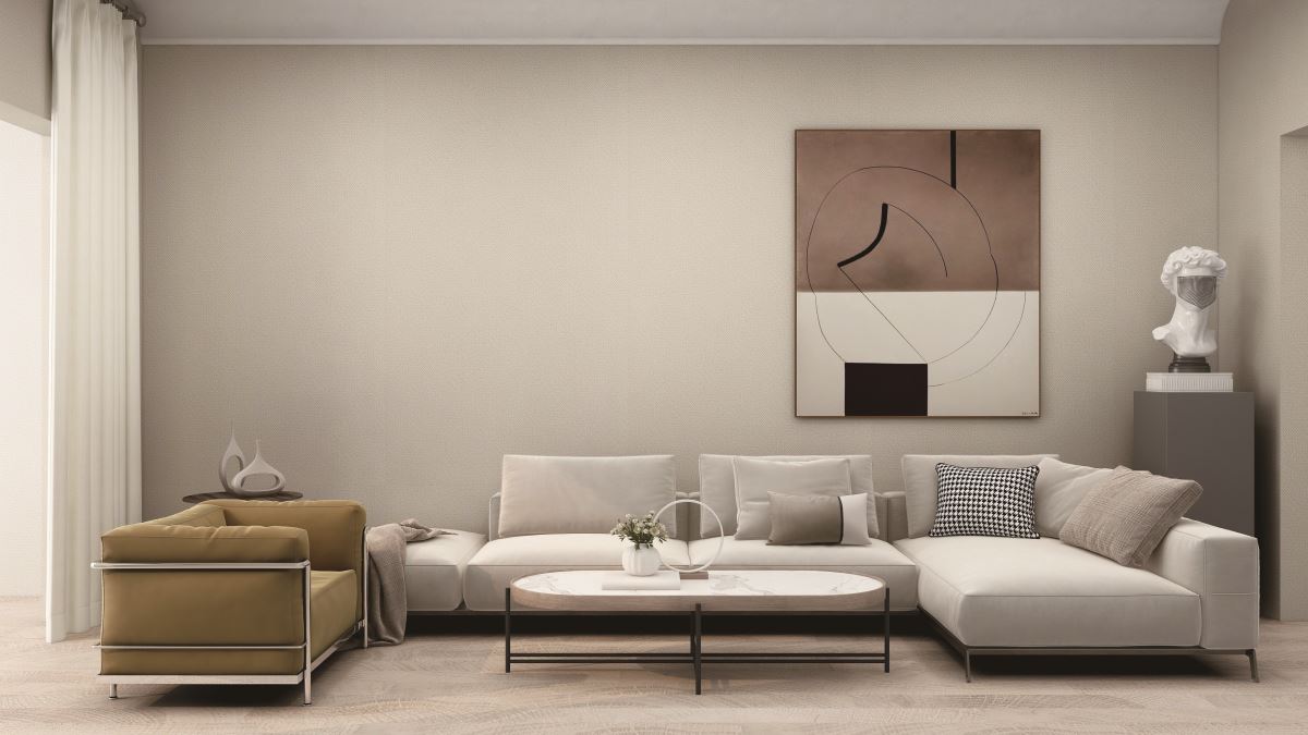 沙發背牆安排淺色亞麻材質的石晶薄板，營造內斂低調的居家質感。