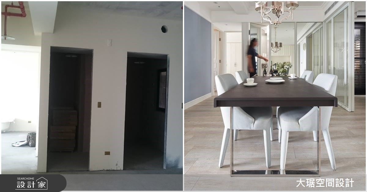 左圖為將原本的房間改為浴室與廚房的空間；右圖為完工後以鏡牆隱藏兩個入口，視覺清爽。