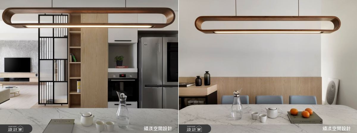 選自台灣原創燈飾品牌的白橡木涵光吊燈，有反射式的調光功能，不需要觸碰燈體就可以調整光線的亮度與情境光源，更顯品味。