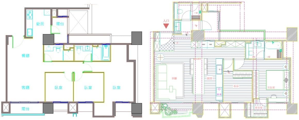 將廚房位移至開放空間，衛浴區域在建商的規範內，均可隨使用需求變動位置。(客變Before + After)平面圖提供_明代室內設計。