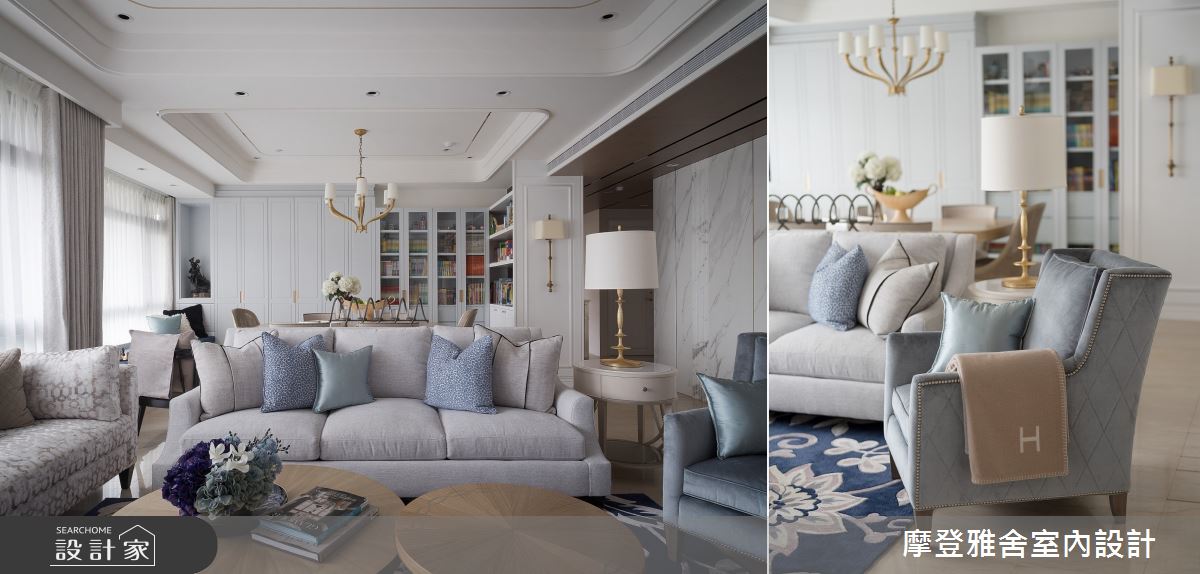 右側沙發單椅則以金色鉚釘扣與經典法式菱格的組合成為視覺亮點，與抱枕及地毯形成富有層次、濃淡相宜的藍色景緻。