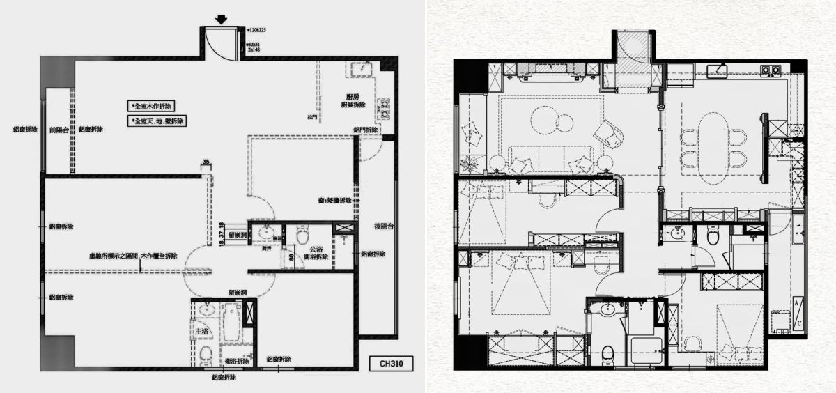 可以從平面圖看出設計師最主要的規劃方向是取消封閉且具隔閡的餐廚牆面、打通公領域共享空間，並放大主臥格局與升級衛浴設備。（Before+After 平面圖提供_摩登雅舍室內設計)