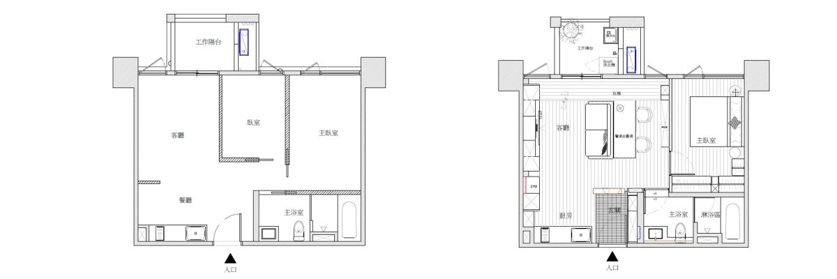 Before vs After，客變打開隔間，顯化採光優勢。